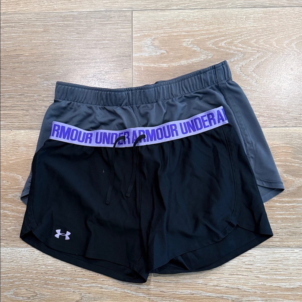 Under Armour Shorts (1 gray & 1 black)with Branded Waistbands - size Medium. EUC